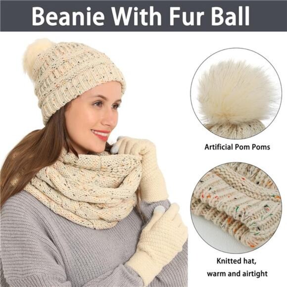 3pcs Women's Winter Beanie Hat Scarf and Touch Screen Gloves Set - Picture 2 of 5
